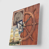 船航海の舵ヴィンテージ写真フレームアンティークマップ スクエア壁時計 (傾斜)