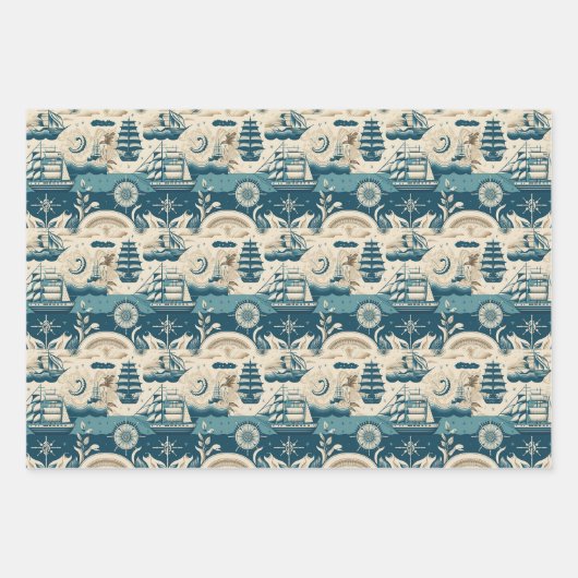 船航海の船と海をテーマにしたパターンNo10 ラッピングペーパーシート (正面)