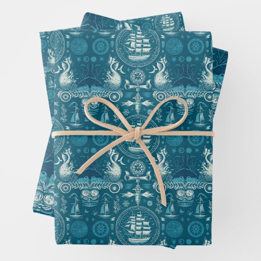 船航海の船と海をテーマにしたパターンNo2 ラッピングペーパーシート (インサイチュ)