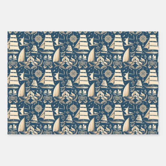 船航海の船と海をテーマにしたパターンNo9 ラッピングペーパーシート (正面)