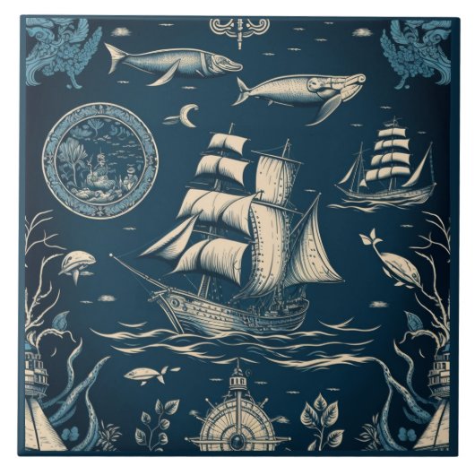船航海の船・海をテーマにした陶磁芸術No3 タイル (正面)