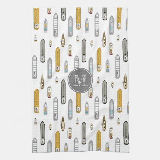 船航海の船On River white w monogram キッチンタオル (縦)