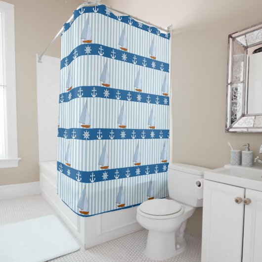 船航海の車いかりブルーホワイトストライプズ シャワーカーテン (インサイチュ)