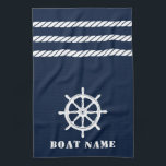 船航海の車ヘルムロープボート名ブルー キッチンタオル<br><div class="desc">カスタム深いネイビー航海のブルーキッチンタオルにストライプは、お客様のボート名とホイパーソナライズされたルヘルムとロープの。</div>
