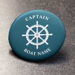 船航海の車ヘルム船長船名 缶バッジ<br><div class="desc">海軍深いティール（緑がかった色）の船航海の車-ヘルムとボート名、およびカスタマイズ可能なキャプテンのランクボパーソナライズされたタン。</div>