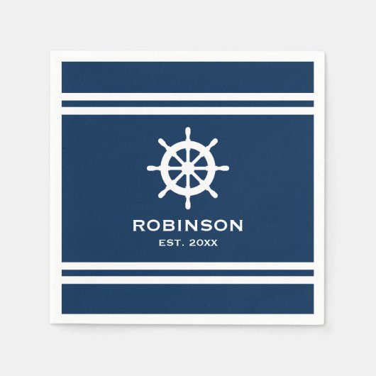 船航海の輪ネイビー青と白結婚色 スタンダードカクテルナプキン (正面)