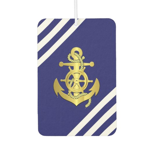 船航海の輪/いかりネイビーストライプブルー金ゴールド カーエアーフレッシュナー (正面)