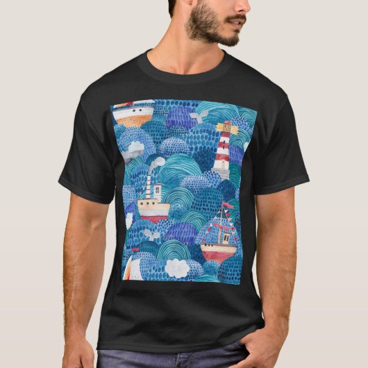 船舶と灯台:子供の水色 Tシャツ (正面)