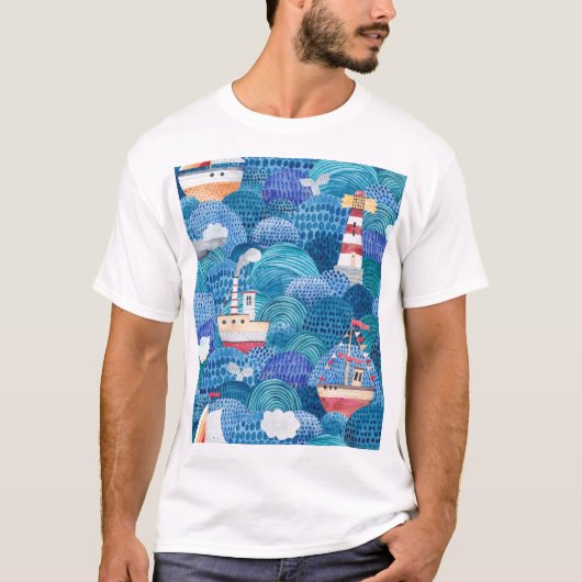 船舶と灯台:子供の水色 Tシャツ (正面)