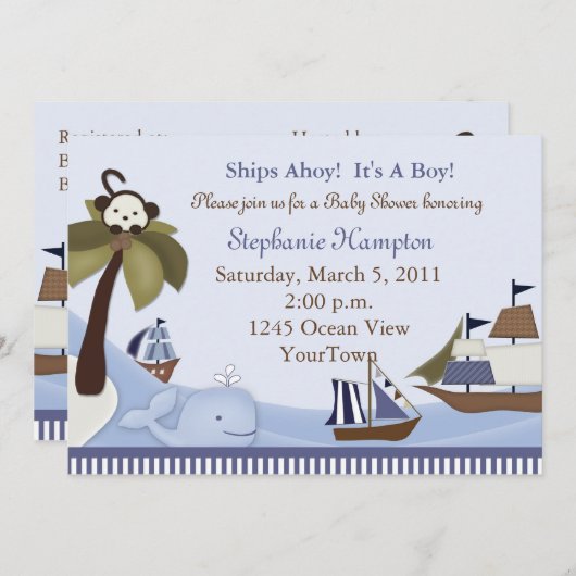 船舶用アホイ男の赤ちゃんシャワー招待状 招待状 (正面/裏面)