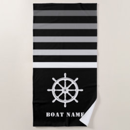 船舶用車輪ヘルムあなたのボート名ネイビーブラック ビーチタオル
