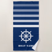 船舶用車輪ヘルムあなたのボート名ネイビーブルー ビーチタオル (正面)