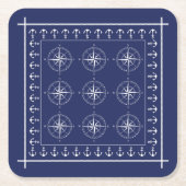 船舶航海のコンパスといかりネイビーブルー スクエアペーパーコースター (正面)