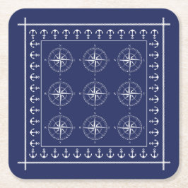 船舶航海のコンパスといかりネイビーブルー スクエアペーパーコースター