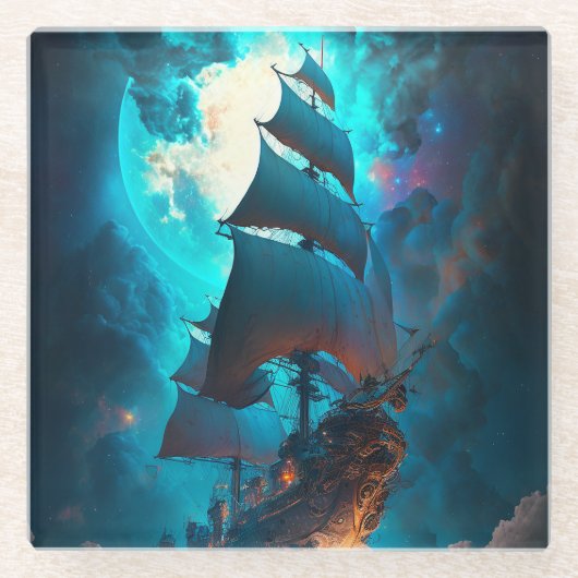 船舶飛んでいるファンタジー芸術 ガラスコースター (正面)