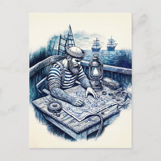 船読船の航海の甲板に描いたセーラーの地図 ポストカード (正面)