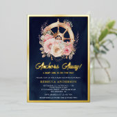 船車女航海の子赤ちゃんシャワー海軍金ゴールド 箔招待状 (立ち正面)