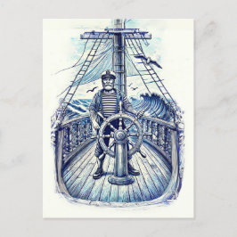 船長が舵を握るヴィンテージイラスト ポストカード