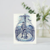 船長が舵を握るヴィンテージイラスト ポストカード (スタンド正面)