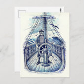 船長が舵を握るヴィンテージイラスト ポストカード (正面/裏面)