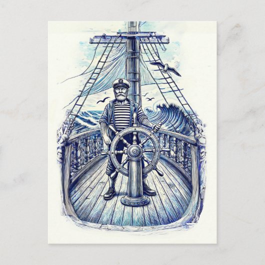 船長が舵を握るヴィンテージイラスト ポストカード (正面)