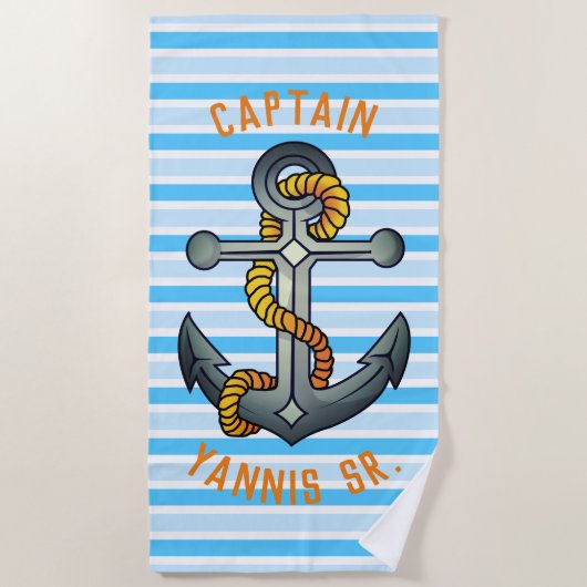 船長オールドスクールいかりタトゥー ビーチタオル (正面)