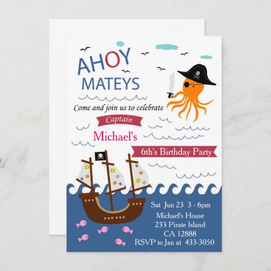 船長海賊タコの誕生日パーティーの招待 招待状 (正面/裏面)