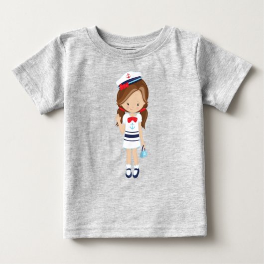 船長、スキッパー、かわいい女の子、茶色の髪 ベビーTシャツ (正面)