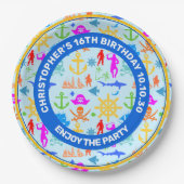 船、魚、海賊。パターカラフルン ペーパープレート (正面)