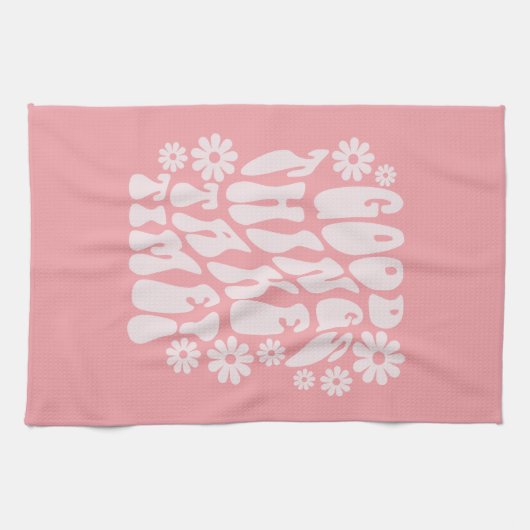 良いものは時間がかかるレトロ花 キッチンタオル (横)