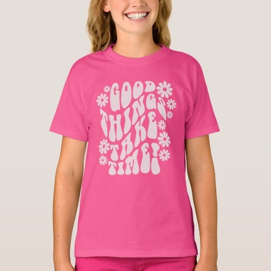 良いものは時間がかかるレトロ花 Tシャツ (正面)