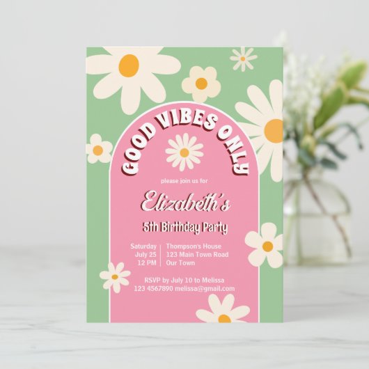 良いバイブのみグルーヴィレトロデイジー誕生日招待状 招待状 (スタンド正面)