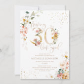 良いピンクの30見た目に金ゴールド植物誕生日 招待状 (正面)