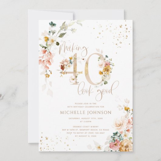良いピンクの40見た目を作る金ゴールド植物誕生日 招待状 (正面)
