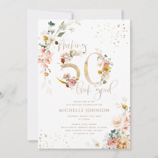 良いピンクの50見た目を作る金ゴールド植物誕生日 招待状 (正面)