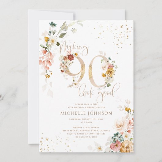 良いピンクの90見た目を作る金ゴールド植物誕生日 招待状 (正面)