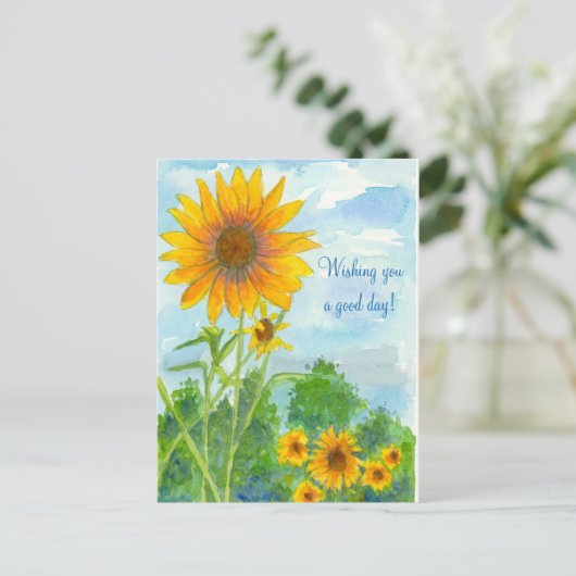 良い一日を望む水色のひまわり花 ポストカード (スタンド正面)