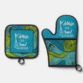 良い実在グルメメおもしろいッセージ 鍋つかみ&鍋敷きセット (正面)