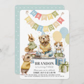 良い服を着た動物クマ男の子誕生日 招待状 (正面/裏面)