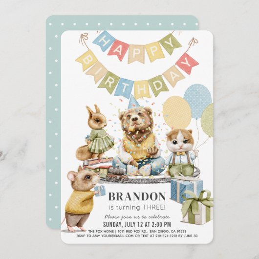 良い服を着た動物クマ男の子誕生日 招待状 (正面/裏面)