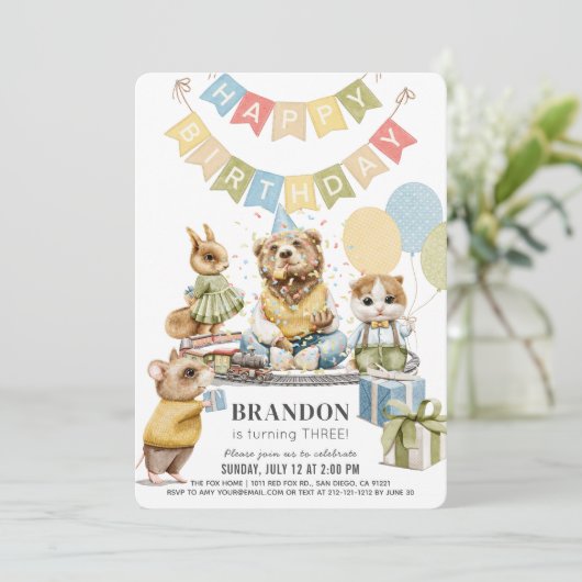 良い服を着た動物クマ男の子誕生日 招待状 (スタンド正面)