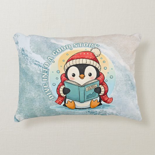 良い物語に飛び込もう リーディングペンギン枕 アクセントクッション (正面)