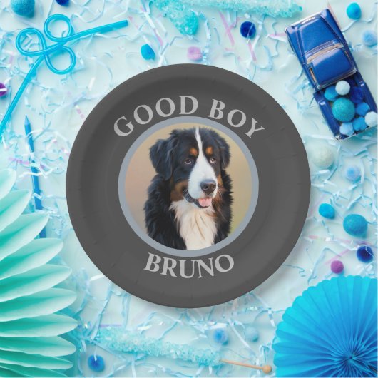 良い男の子の犬を追加フォト文字アートグレモダンー ペーパープレート (パーティー)