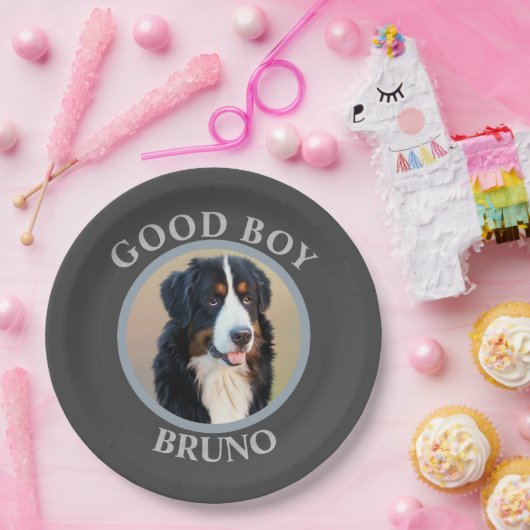 良い男の子の犬を追加フォト文字アートグレモダンー ペーパープレート (パーティー)