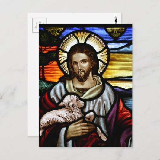 良い羊飼い;ステンドグラスにイエス ポストカード (正面/裏面)