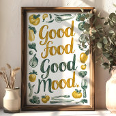 良い食べ物 良い気分 緑と黄色のキッチンアート ポスター