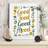 良い食べ物 良い気分 緑と黄色のキッチンアート ポスター