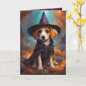 良い魔女の子犬、かわいいハロウィーン犬の挨拶 カード (黄色い花)