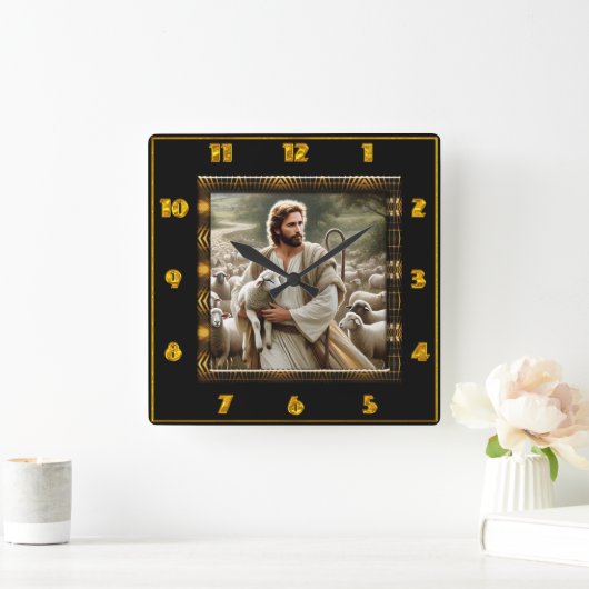 良き羊飼いヨハネ10:7平和な羊飼いの場面 スクエア壁時計 (ホーム)