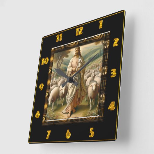 良き羊飼いヨハネ10:7平和な羊飼い畑 スクエア壁時計 (傾斜)